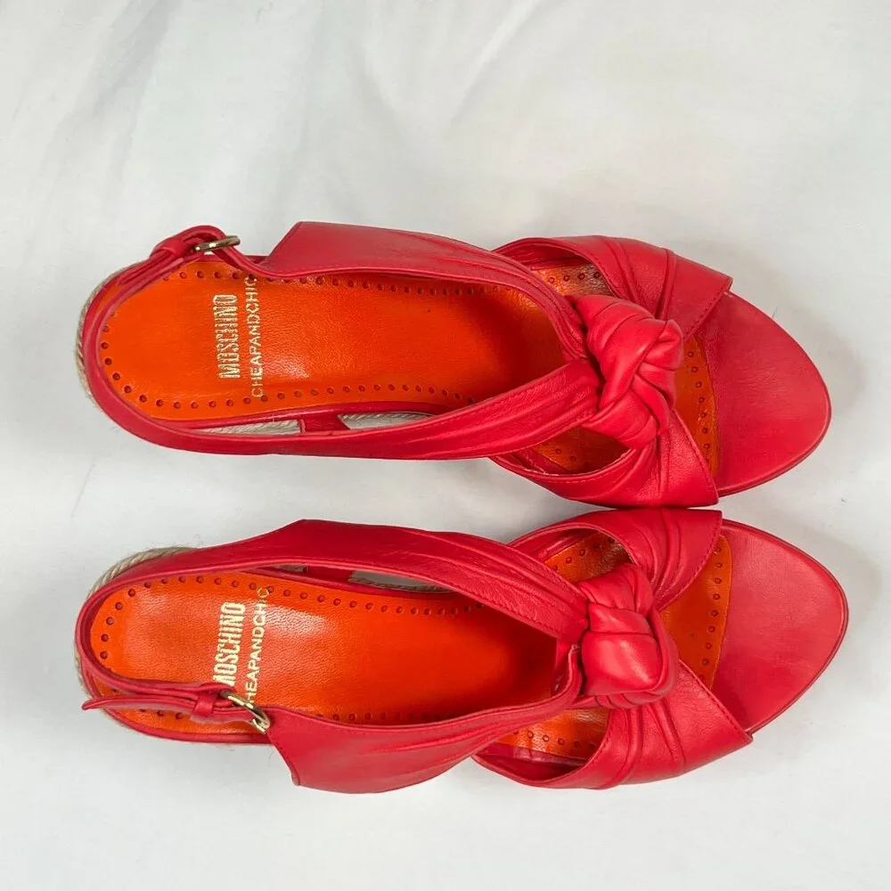 Moschino Cheap and Chic Hot Pink Espadrille Wedges Knot Detail Leather 36 US 6